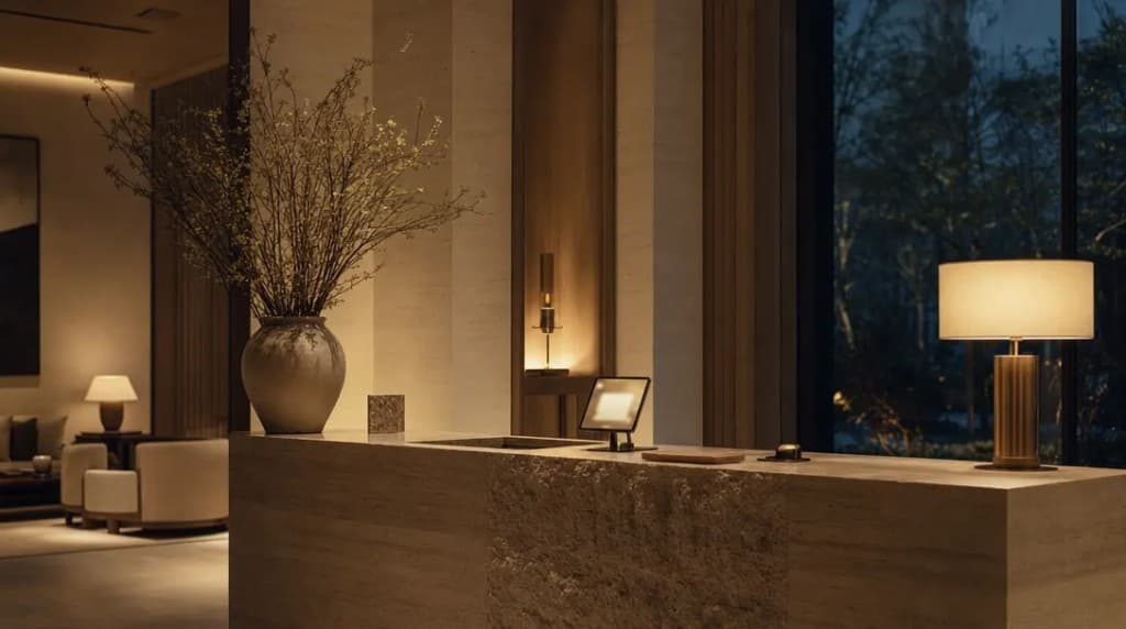 A quiet luxury hotel reception desk at dusk with a softly glowing tablet