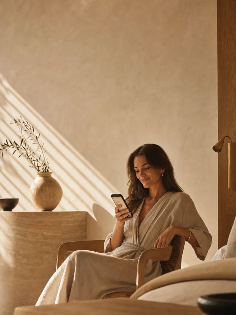 A hotel guest messaging the front desk from a sunlit suite
